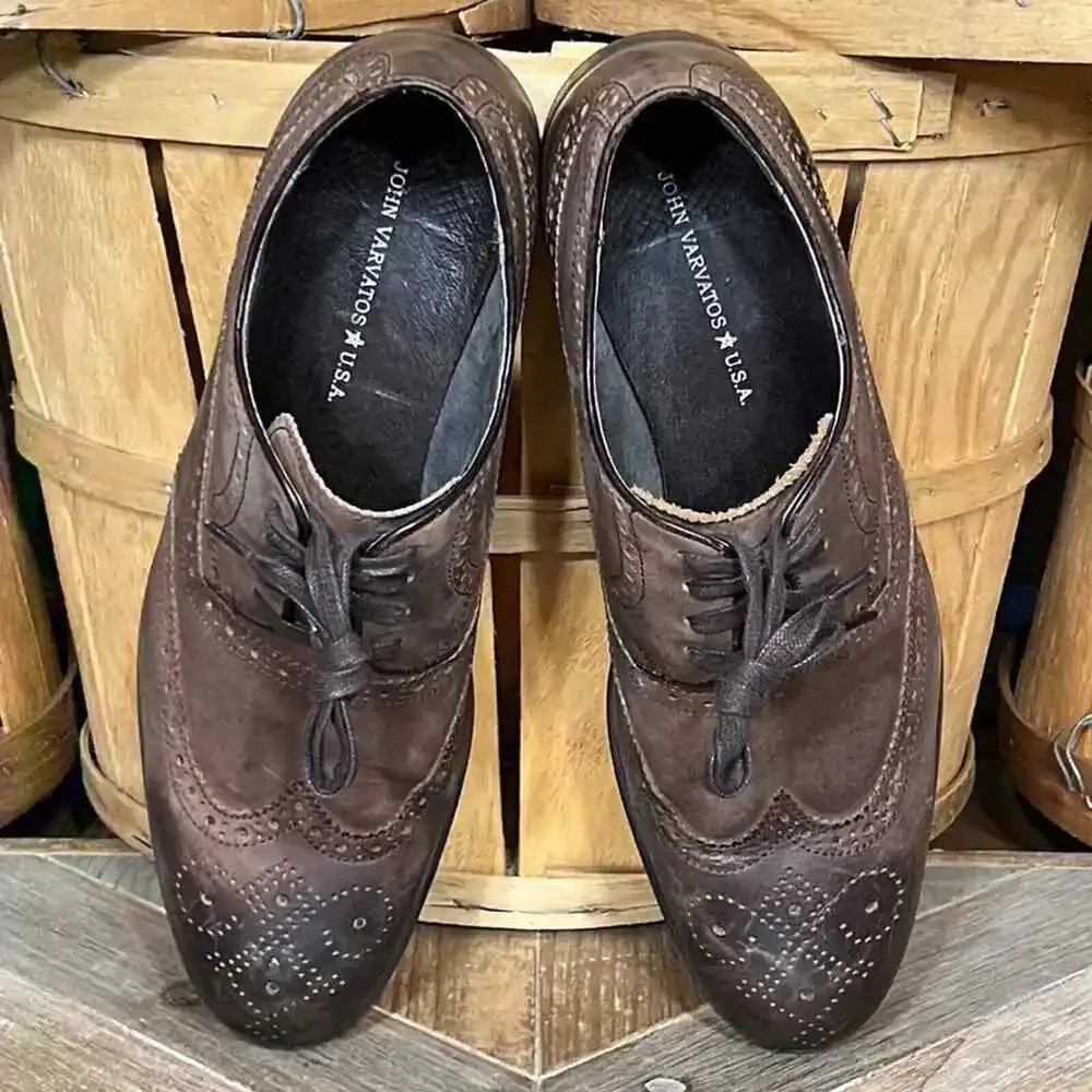 John Varvatos Brogue Wingtip Perforated Brown Leather Oxfords US Mens Size 10